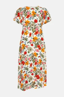 Outlet Oasis Watercolour Floral Puff Sleeve Midi Dress Ivory