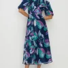 Clearance Oasis Watercolour Keyhole Organza Midi Dress Navy
