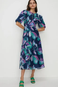 Clearance Oasis Watercolour Keyhole Organza Midi Dress Navy