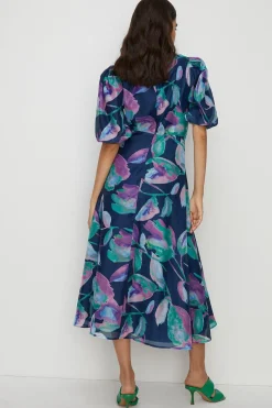 Clearance Oasis Watercolour Keyhole Organza Midi Dress Navy