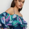 New Oasis Watercolour Organza Pleated Ruffle Midi Dress Navy