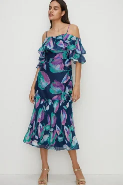 New Oasis Watercolour Organza Pleated Ruffle Midi Dress Navy