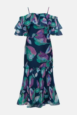 New Oasis Watercolour Organza Pleated Ruffle Midi Dress Navy