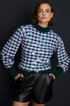 Fashion Oasis Wool Blend Diamond Jacquard Sequin Jumper Multi