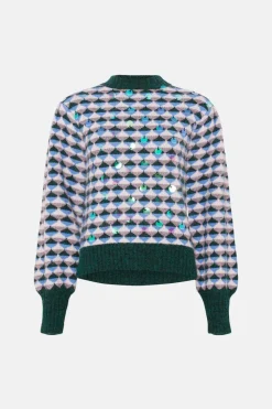 Fashion Oasis Wool Blend Diamond Jacquard Sequin Jumper Multi