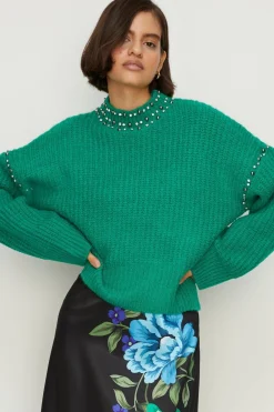 Sale Oasis Wool Blend Embellished High Neck Jumper Green