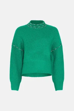 Sale Oasis Wool Blend Embellished High Neck Jumper Green