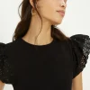 Hot Oasis Woven Broderie Frill Sleeve Rib Tshirt Black
