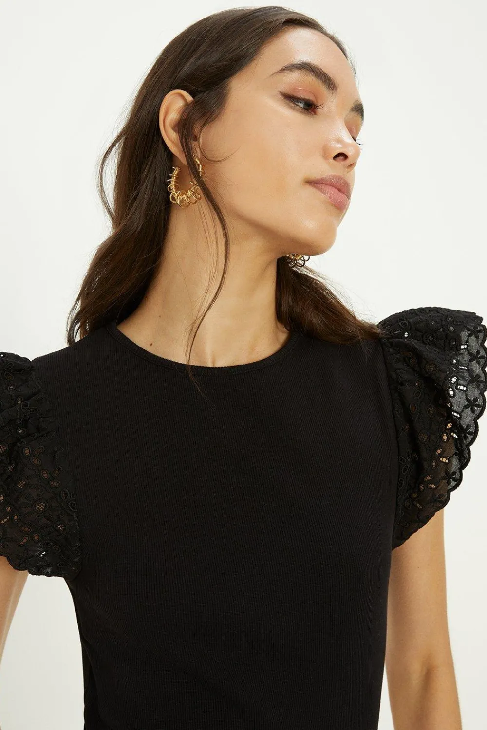 Hot Oasis Woven Broderie Frill Sleeve Rib Tshirt Black