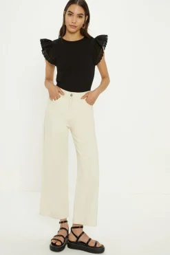 Hot Oasis Woven Broderie Frill Sleeve Rib Tshirt Black