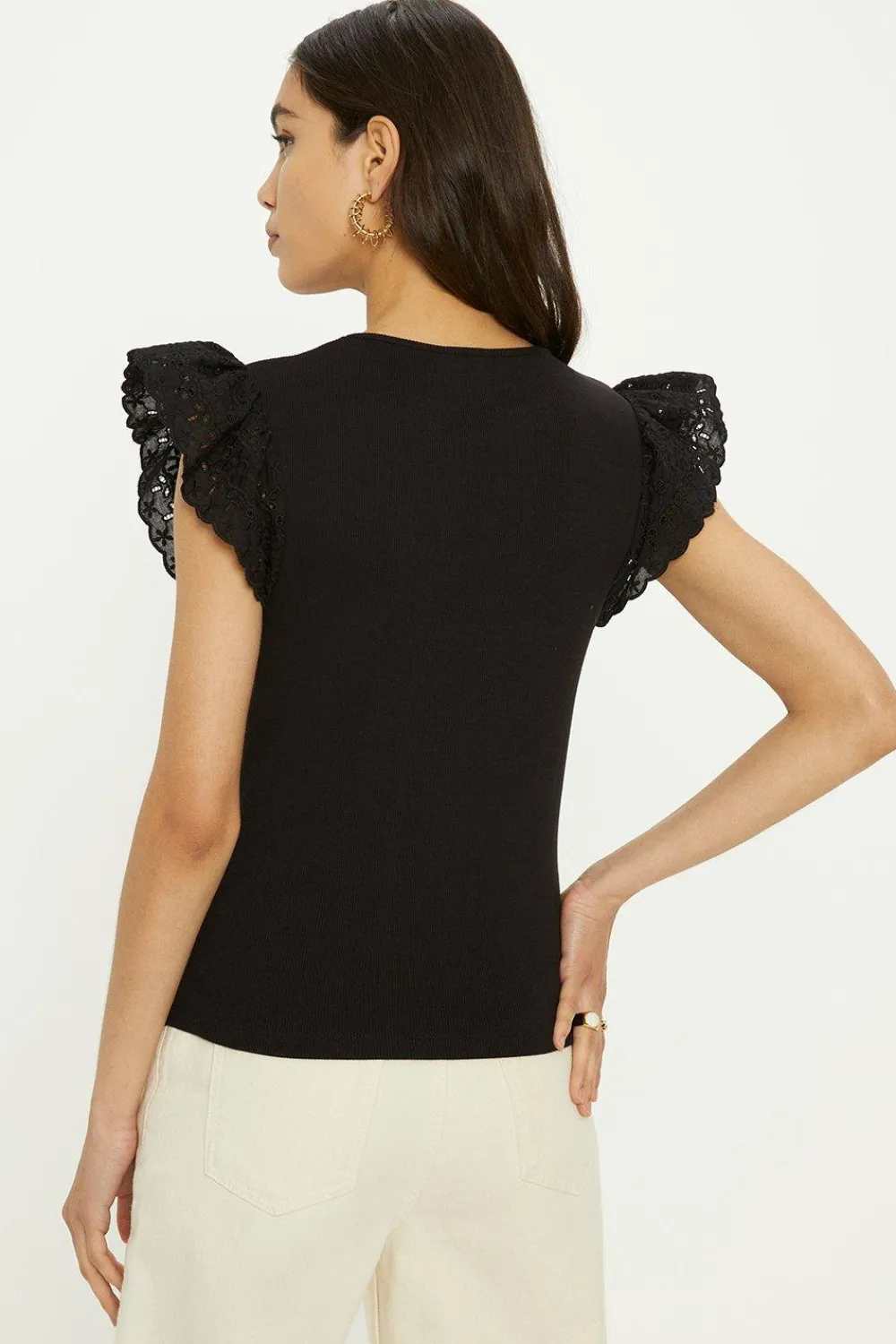 Hot Oasis Woven Broderie Frill Sleeve Rib Tshirt Black