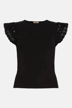 Hot Oasis Woven Broderie Frill Sleeve Rib Tshirt Black