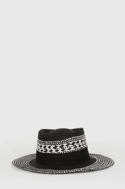 Clearance Oasis Woven Detail Contrast Band Fedora Straw Hat Black