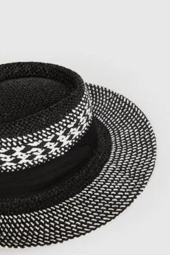 Clearance Oasis Woven Detail Contrast Band Fedora Straw Hat Black