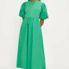 Hot Oasis Woven Mix Puff Sleeve Cotton Midi Dress Green