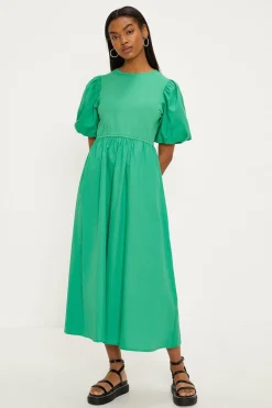 Hot Oasis Woven Mix Puff Sleeve Cotton Midi Dress Green