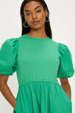 Hot Oasis Woven Mix Puff Sleeve Cotton Midi Dress Green