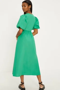 Hot Oasis Woven Mix Puff Sleeve Cotton Midi Dress Green