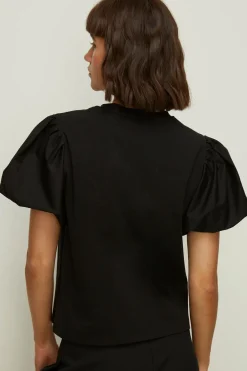 Online Oasis Woven Mix Puff Sleeve T Shirt Black