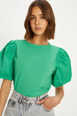 Online Oasis Woven Mix Puff Sleeve Tshirt Green