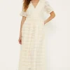 Hot Oasis Wrap Front Puff Sleeve Lace Midi Dress Ivory