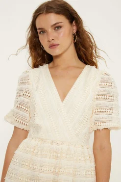 Hot Oasis Wrap Front Puff Sleeve Lace Midi Dress Ivory