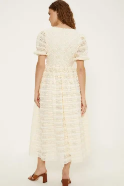 Hot Oasis Wrap Front Puff Sleeve Lace Midi Dress Ivory