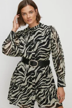 Sale Oasis Zebra Printed Belted Mini Shirt Dress Khaki