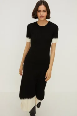 Outlet Oasis Zig Zag Detail Short Sleeve Knitted Midi Dress Black