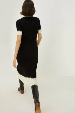 Outlet Oasis Zig Zag Detail Short Sleeve Knitted Midi Dress Black
