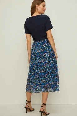 Fashion Oasis Zip Through Floral Pleated Dress Navy