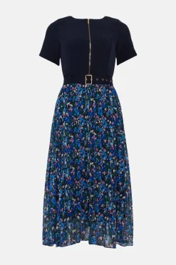 Fashion Oasis Zip Through Floral Pleated Dress Navy