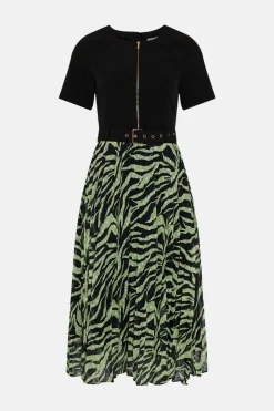 Fashion Oasis Zip Through Print Pleated Dress Zebra